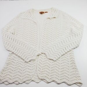 Milano Women Large Open Cardigan Linen Blend Collared Wave Trim Knit Hand Preppy